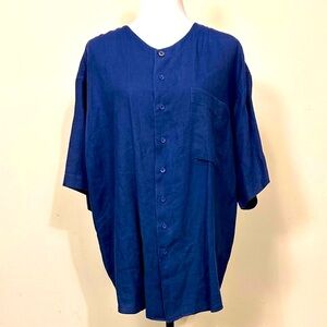 EUC Goouch 100% Fine Linen Navy Blue Short Sleeve Oversize Button Tunic Top L/XL